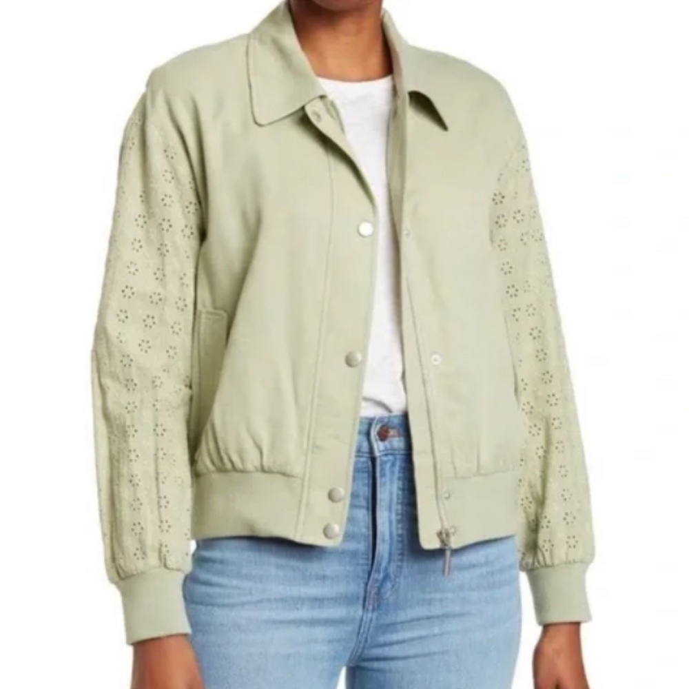 NWT | AVEC LES FILLES Sea Green Embroidered Eyelet Sleeve Bomber Jacket!